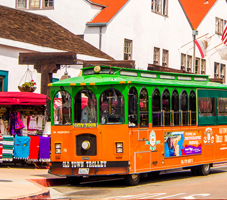 Old Town Trolley making a stop at Old Town San Diego